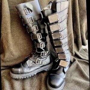 Demonia male knee high boots - metal applications